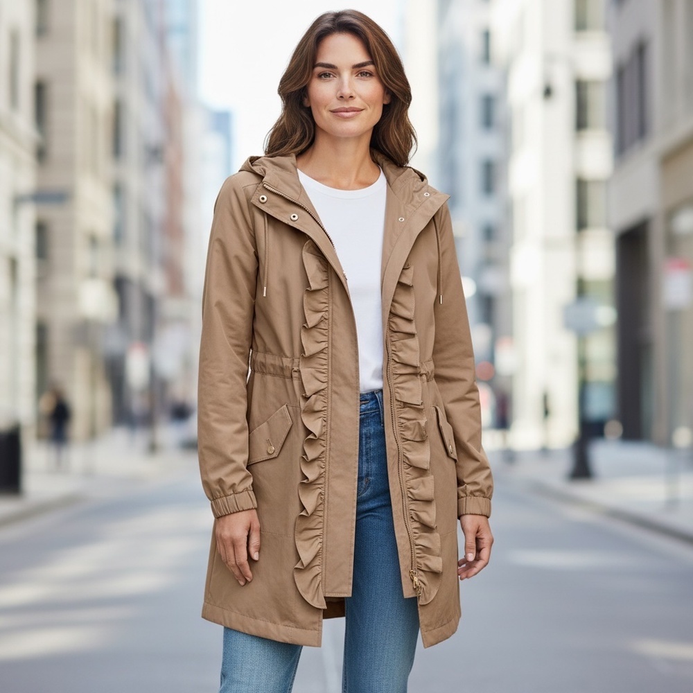 NWT TORY BURCH Tan Hooded Ruffle Trench Coat Gold Hardware